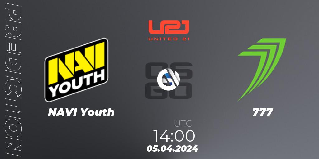 NAVI Youth contre 777 : prédiction de match. 05.04.2024 at 14:00. Counter-Strike (CS2), United21 Season 12: Division 2