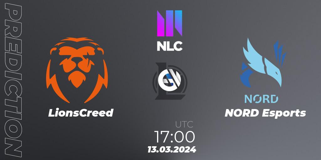 LionsCreed contre NORD Esports : prédiction de match. 13.03.2024 at 17:00. LoL, NLC 1st Division Spring 2024