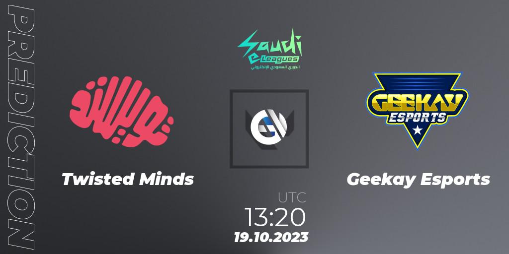 Twisted Minds contre Geekay Esports : prédiction de match. 19.10.2023 at 13:20. VALORANT, Saudi eLeague 2023: Season 2