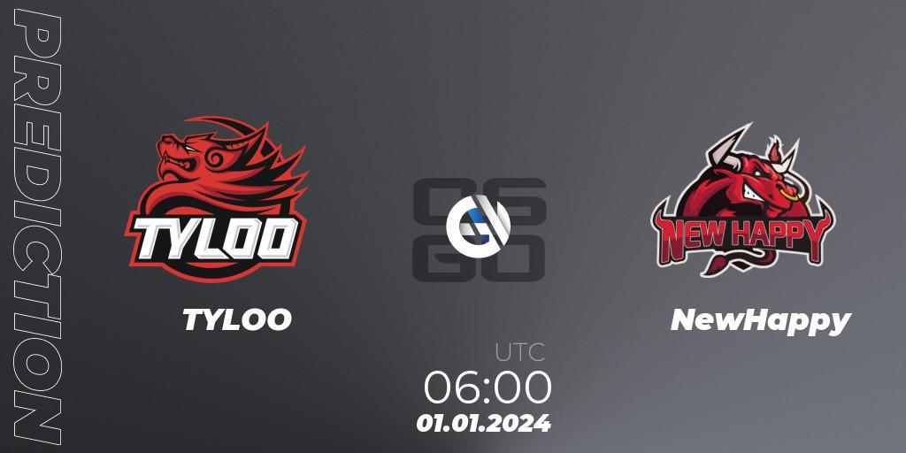 TYLOO contre NewHappy : prédiction de match. 01.01.2024 at 06:00. Counter-Strike (CS2), Asian Super League Season 1