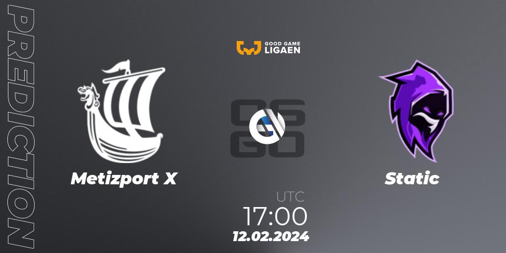 Metizport X contre Static : prédiction de match. 12.02.2024 at 17:00. Counter-Strike (CS2), Good Game-ligaen Spring 2024