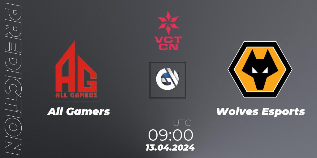 All Gamers contre Wolves Esports : prédiction de match. 13.04.2024 at 09:00. VALORANT, VALORANT Champions Tour China 2024: Stage 1 - Group Stage