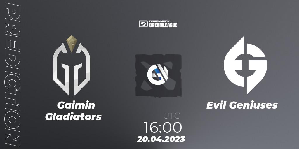 Gaimin Gladiators contre Evil Geniuses : prédiction de match. 20.04.2023 at 15:55. Dota 2, DreamLeague Season 19 - Group Stage 2