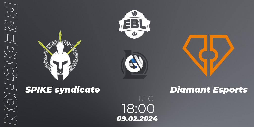 SPIKE syndicate contre Diamant Esports : prédiction de match. 09.02.2024 at 18:00. LoL, Esports Balkan League Season 14
