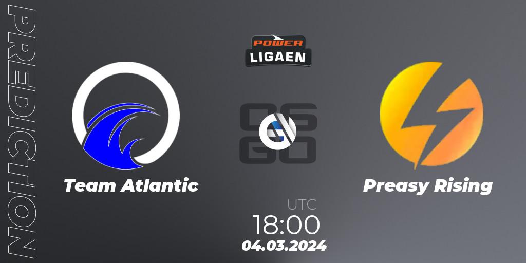 Team Atlantic contre Preasy Rising : prédiction de match. 06.03.2024 at 18:00. Counter-Strike (CS2), Dust2.dk Ligaen Season 25