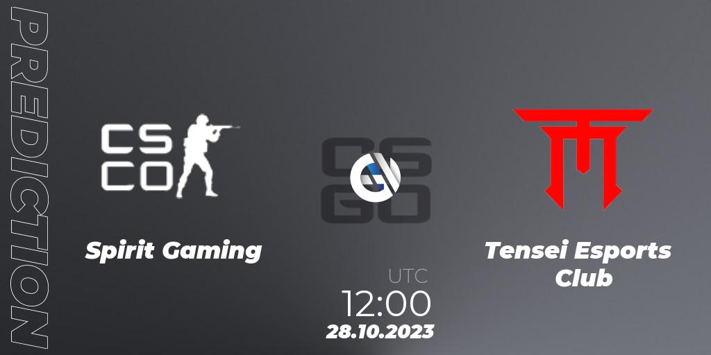 Spirit Gaming contre Tensei Esports Club : prédiction de match. 28.10.2023 at 12:00. Counter-Strike (CS2), TippmixPro Masters Fall 2023