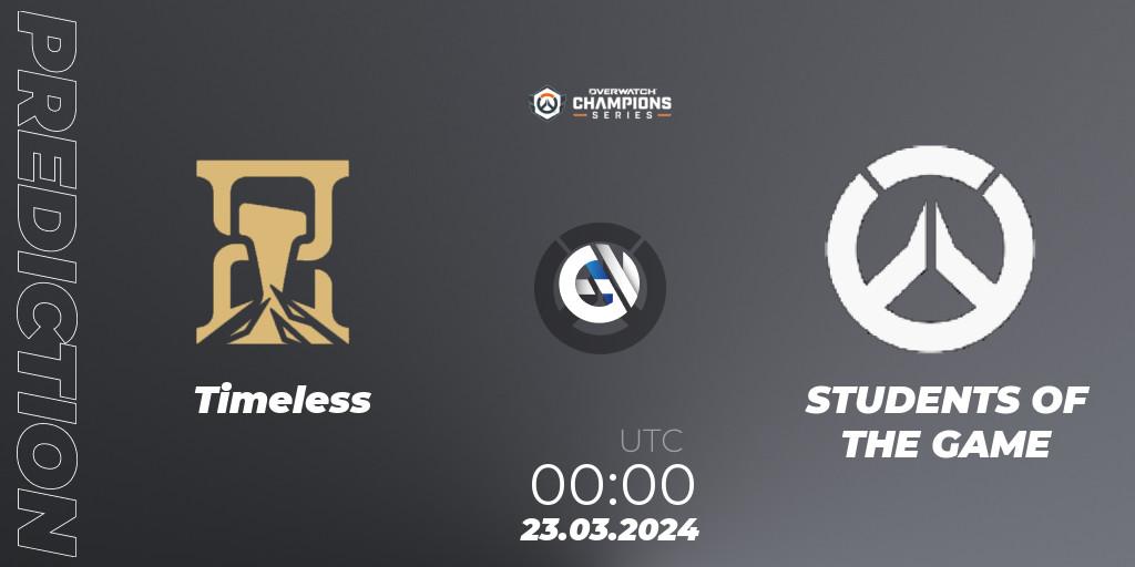 Timeless contre STUDENTS OF THE GAME : prédiction de match. 22.03.2024 at 23:00. Overwatch, Overwatch Champions Series 2024 - North America Stage 1 Main Event