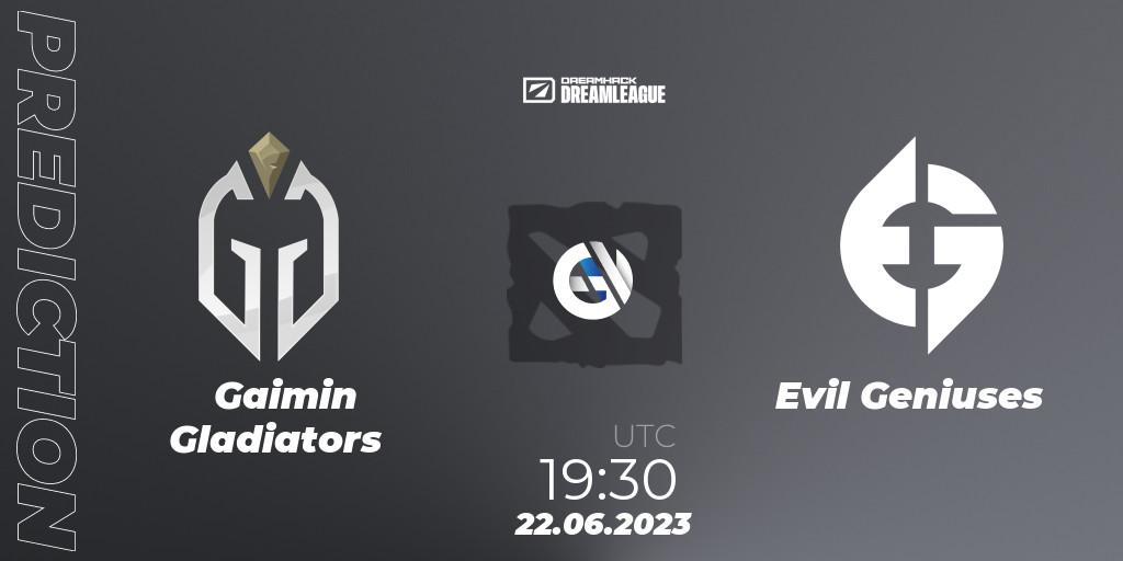 Gaimin Gladiators contre Evil Geniuses : prédiction de match. 22.06.2023 at 19:25. Dota 2, DreamLeague Season 20 - Group Stage 2