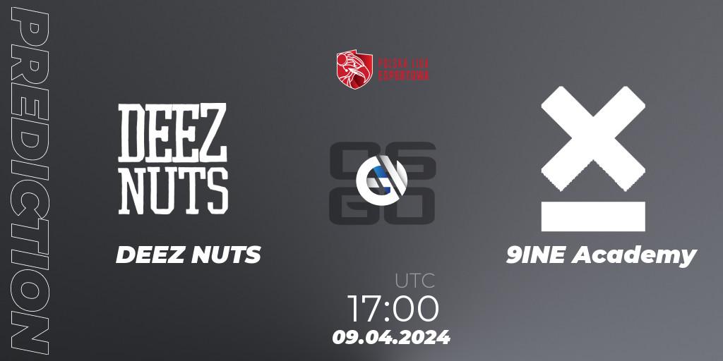 DEEZ NUTS contre 9INE Academy : prédiction de match. 09.04.2024 at 17:00. Counter-Strike (CS2), Polska Liga Esportowa 2024: Split #1
