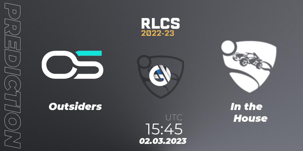 Outsiders contre In the House : prédiction de match. 02.03.2023 at 15:45. Rocket League, RLCS 2022-23 - Winter: Middle East and North Africa Regional 3 - Winter Invitational