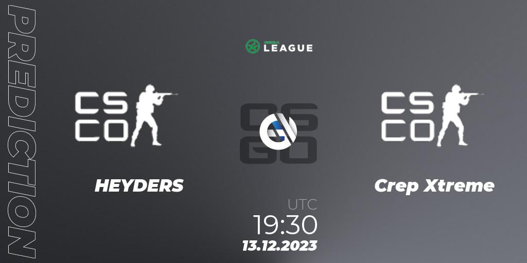HEYDERS contre Crep Xtreme : prédiction de match. 13.12.2023 at 19:30. Counter-Strike (CS2), ESEA Season 47: Open Division - Europe