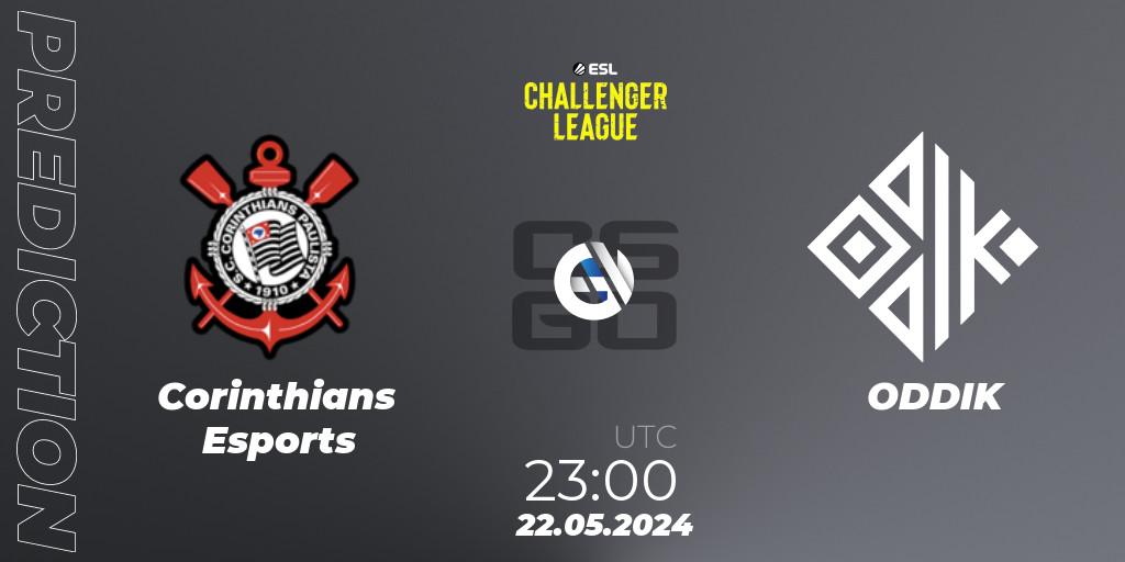 Corinthians Esports contre ODDIK : prédiction de match. 22.05.2024 at 23:00. Counter-Strike (CS2), ESL Challenger League Season 47: South America