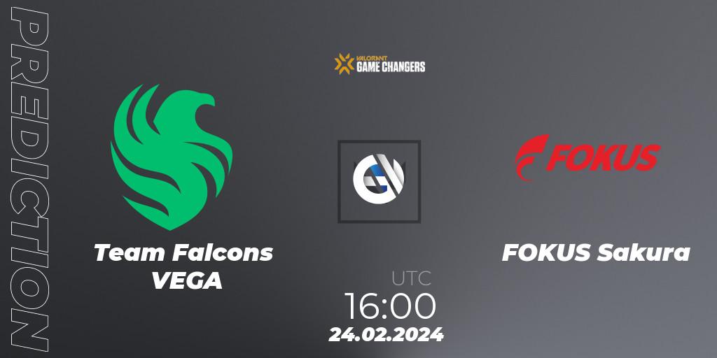 Team Falcons VEGA contre FOKUS Sakura : prédiction de match. 24.02.2024 at 16:00. VALORANT, VCT 2024: Game Changers EMEA Stage 1