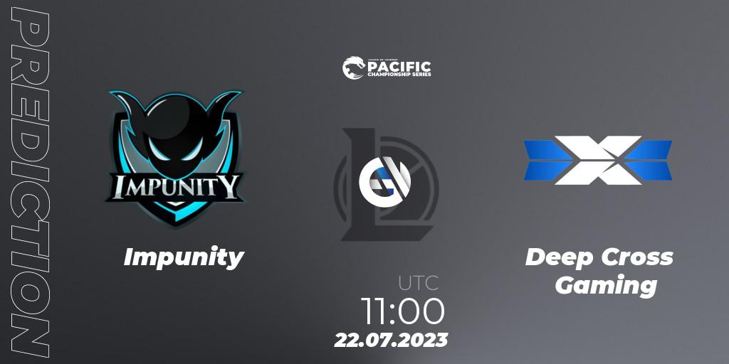 Impunity contre Deep Cross Gaming : prédiction de match. 22.07.2023 at 11:00. LoL, PACIFIC Championship series Group Stage