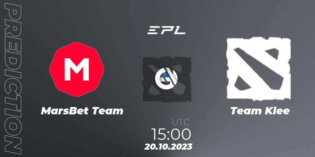 MarsBet Team contre Team Klee : prédiction de match. 20.10.2023 at 15:00. Dota 2, European Pro League Season 13