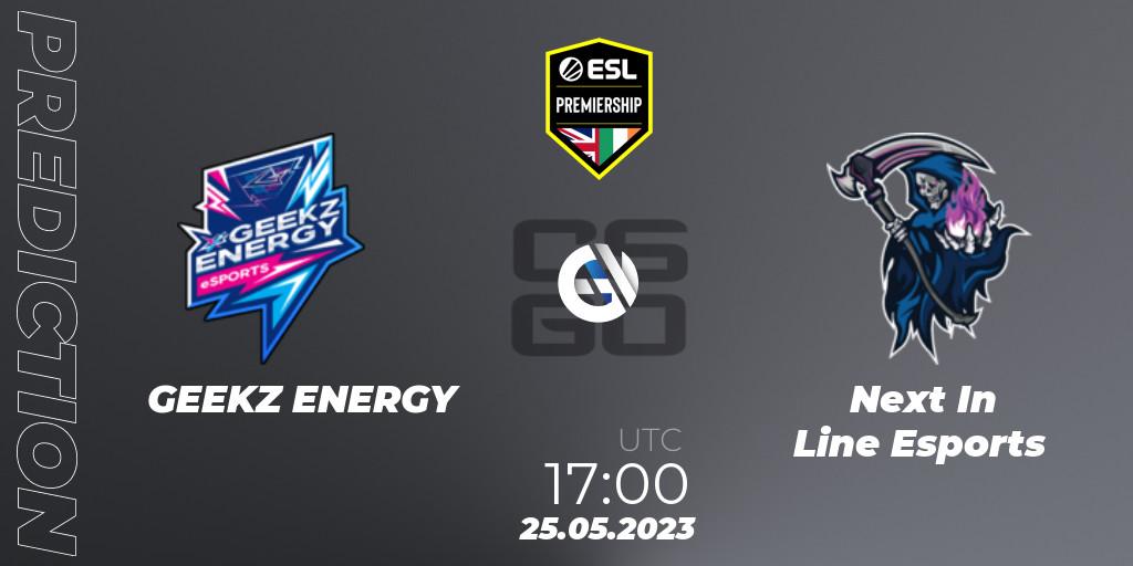 GEEKZ ENERGY contre Next In Line Esports : prédiction de match. 25.05.2023 at 17:00. Counter-Strike (CS2), ESL Premiership Spring 2023