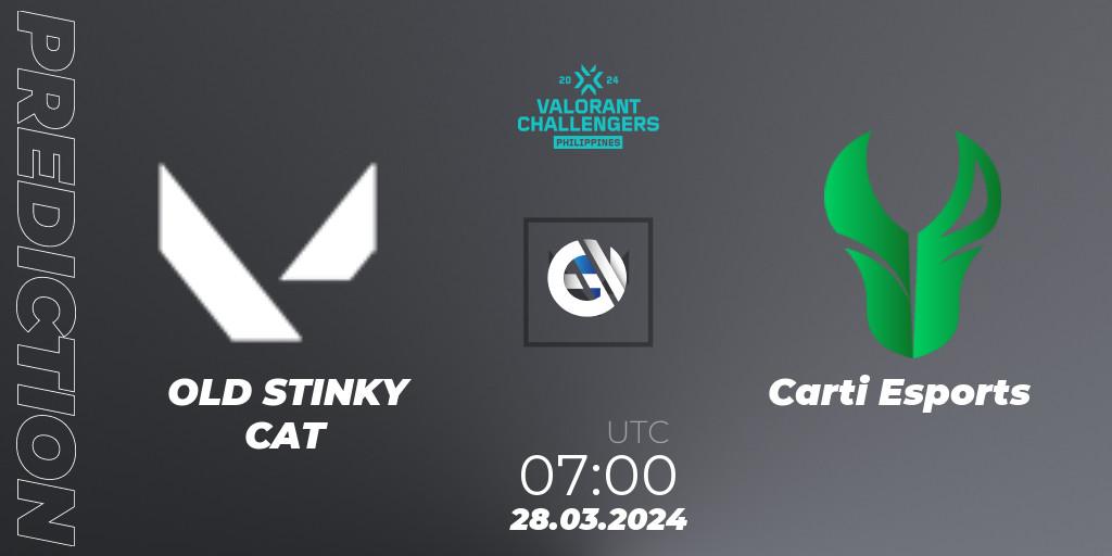 OLD STINKY CAT contre Carti Esports : prédiction de match. 28.03.2024 at 07:00. VALORANT, VALORANT Challengers 2024 Philippines: Split 1