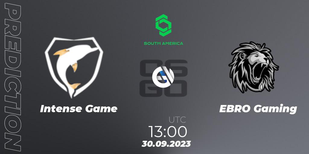 Intense Game contre EBRO Gaming : prédiction de match. 30.09.2023 at 13:00. Counter-Strike (CS2), CCT South America Series #12: Closed Qualifier