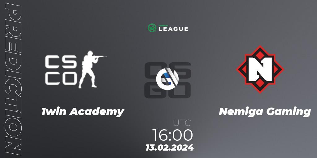 1win Academy contre Nemiga Gaming : prédiction de match. 13.02.2024 at 16:00. Counter-Strike (CS2), ESEA Season 48: Advanced Division - Europe