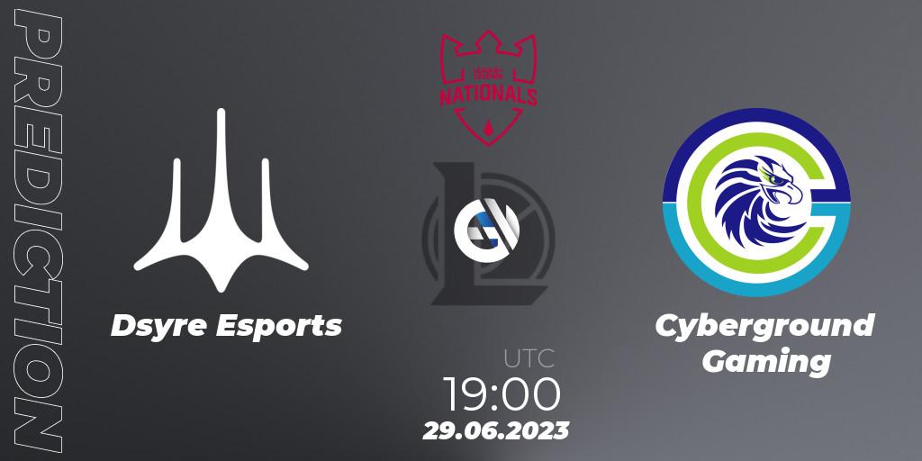 Dsyre Esports contre Cyberground Gaming : prédiction de match. 29.06.2023 at 19:00. LoL, PG Nationals Summer 2023
