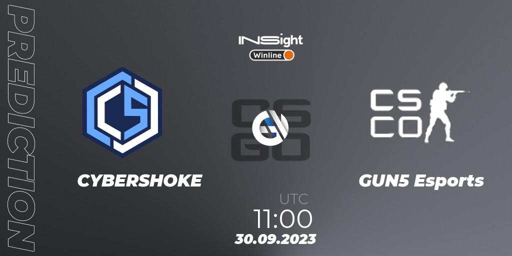 CYBERSHOKE contre GUN5 Esports : prédiction de match. 30.09.2023 at 11:00. Counter-Strike (CS2), Winline Insight Season 4