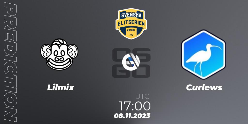 Lilmix contre Curlews : prédiction de match. 08.11.2023 at 17:00. Counter-Strike (CS2), Svenska Elitserien Fall 2023: Online Stage