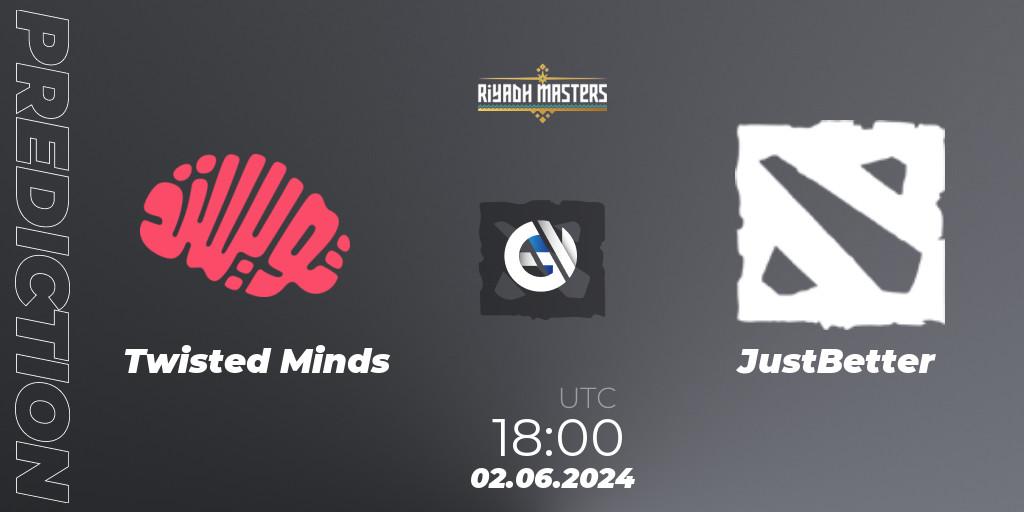 Twisted Minds contre JustBetter : prédiction de match. 02.06.2024 at 18:00. Dota 2, Riyadh Masters 2024: Western Europe Closed Qualifier