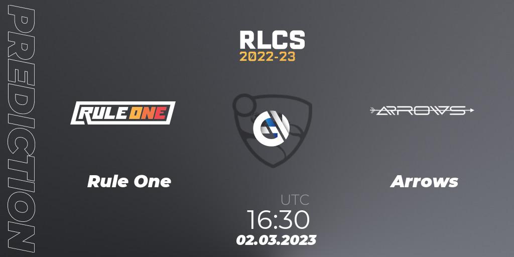 Rule One contre Arrows : prédiction de match. 02.03.2023 at 16:30. Rocket League, RLCS 2022-23 - Winter: Middle East and North Africa Regional 3 - Winter Invitational