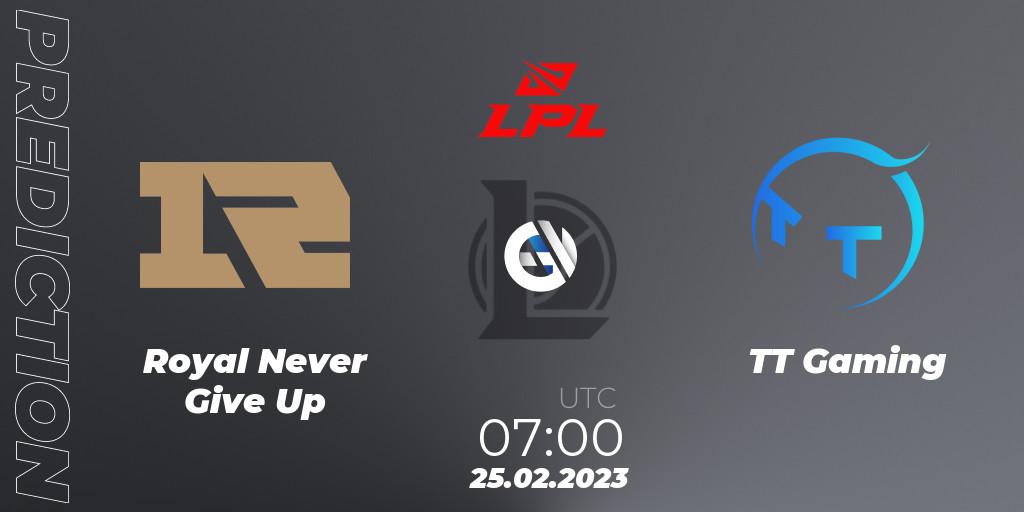 Royal Never Give Up contre TT Gaming : prédiction de match. 25.02.2023 at 07:00. LoL, LPL Spring 2023 - Group Stage