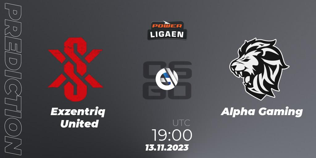 Exzentriq United contre Alpha Gaming : prédiction de match. 13.11.2023 at 19:00. Counter-Strike (CS2), Dust2.dk Ligaen Season 24: Regular Season