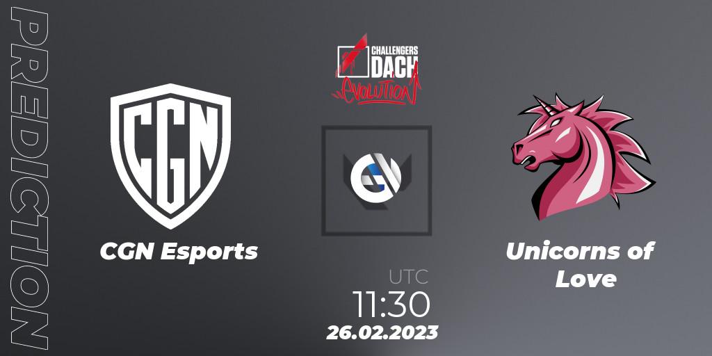 CGN Esports contre Unicorns of Love : prédiction de match. 26.02.2023 at 12:45. VALORANT, VALORANT Challengers 2023 DACH: Evolution Split 1