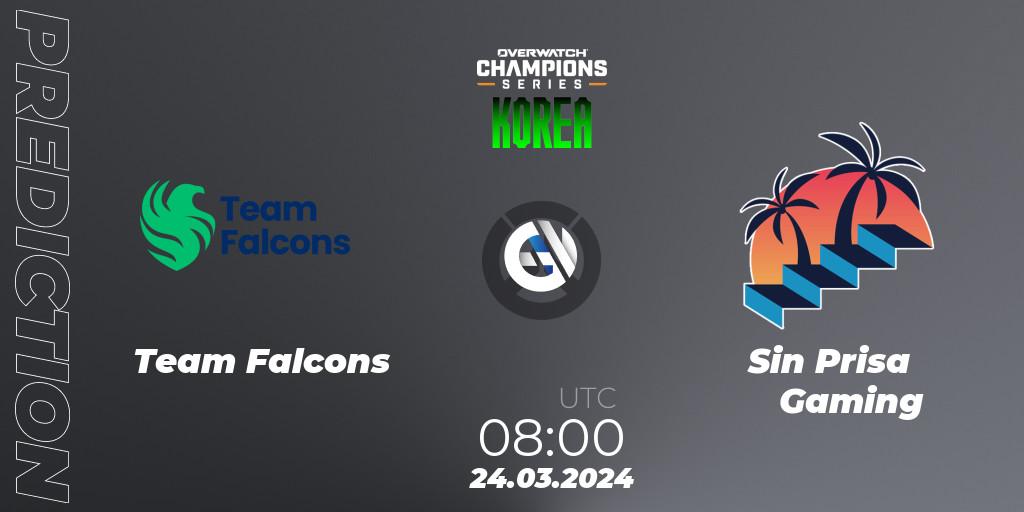 Team Falcons contre Sin Prisa Gaming : prédiction de match. 24.03.2024 at 08:00. Overwatch, Overwatch Champions Series 2024 - Stage 1 Korea
