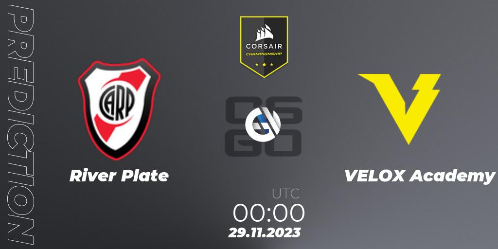 River Plate contre VELOX Academy : prédiction de match. 29.11.2023 at 01:30. Counter-Strike (CS2), Corsair Championship 2023