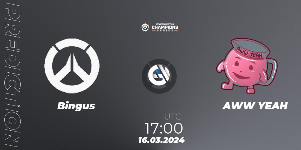 Bingus contre AWW YEAH : prédiction de match. 16.03.2024 at 16:00. Overwatch, Overwatch Champions Series 2024 - EMEA Stage 1 Group Stage