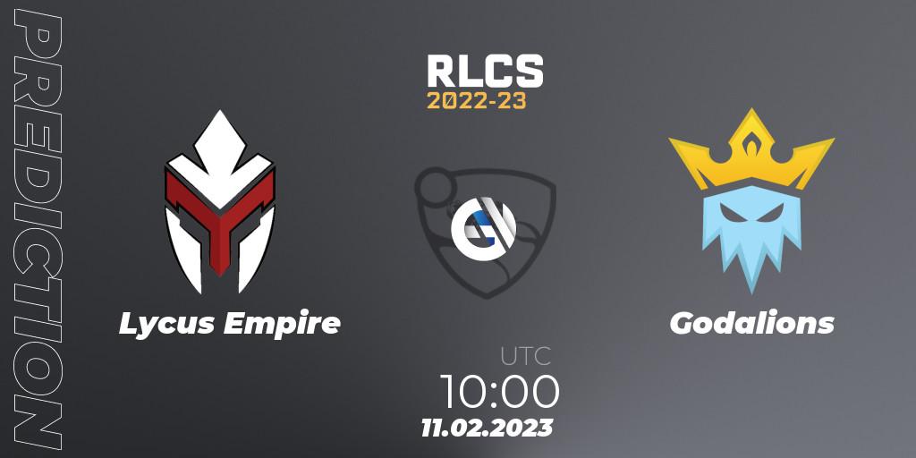 Lycus Empire contre Godalions : prédiction de match. 11.02.2023 at 10:00. Rocket League, RLCS 2022-23 - Winter: Asia-Pacific Regional 2 - Winter Cup