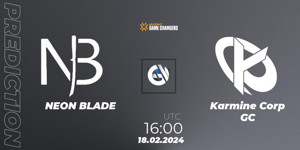 NEON BLADE contre Karmine Corp GC : prédiction de match. 18.02.2024 at 16:00. VALORANT, VCT 2024: Game Changers EMEA Stage 1