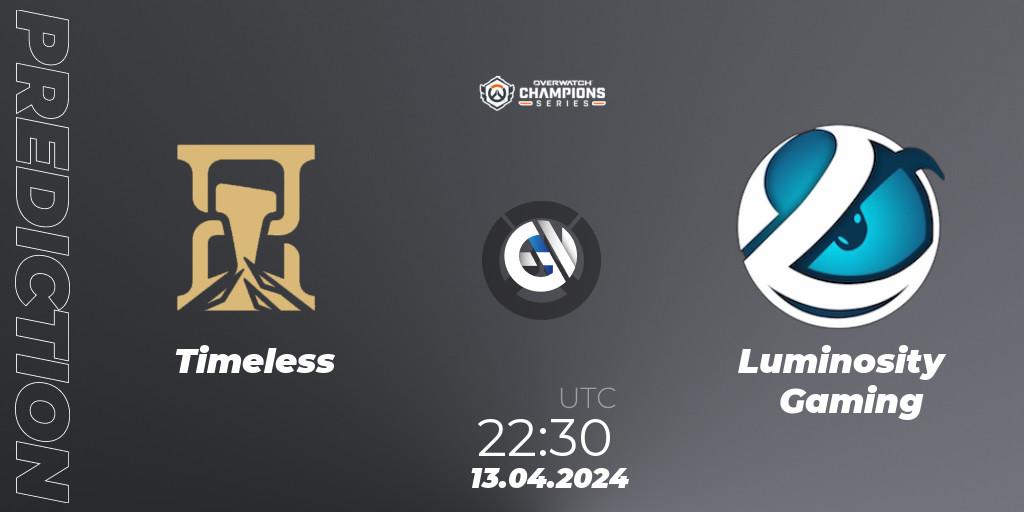 Timeless contre Luminosity Gaming : prédiction de match. 13.04.2024 at 22:30. Overwatch, Overwatch Champions Series 2024 - North America Stage 2 Group Stage