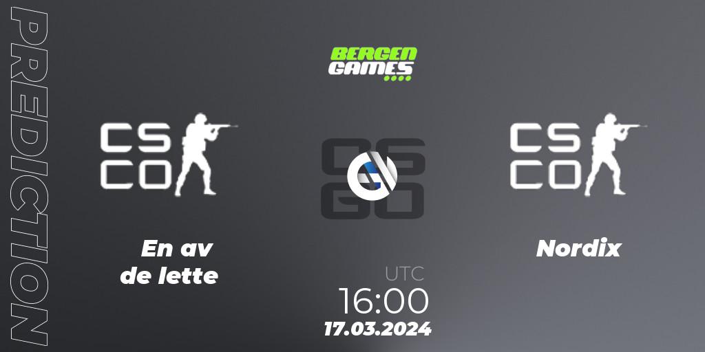 En av de lette contre Nordix Esport : prédiction de match. 17.03.2024 at 16:00. Counter-Strike (CS2), Bergen Games 2024
