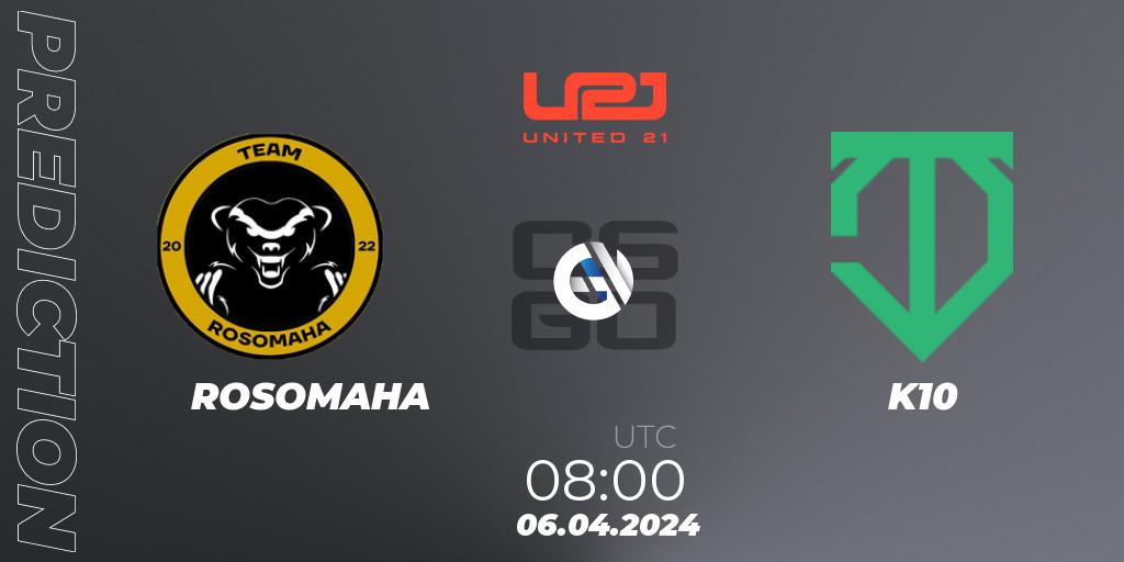 ROSOMAHA contre K10 : prédiction de match. 06.04.2024 at 08:00. Counter-Strike (CS2), United21 Season 14
