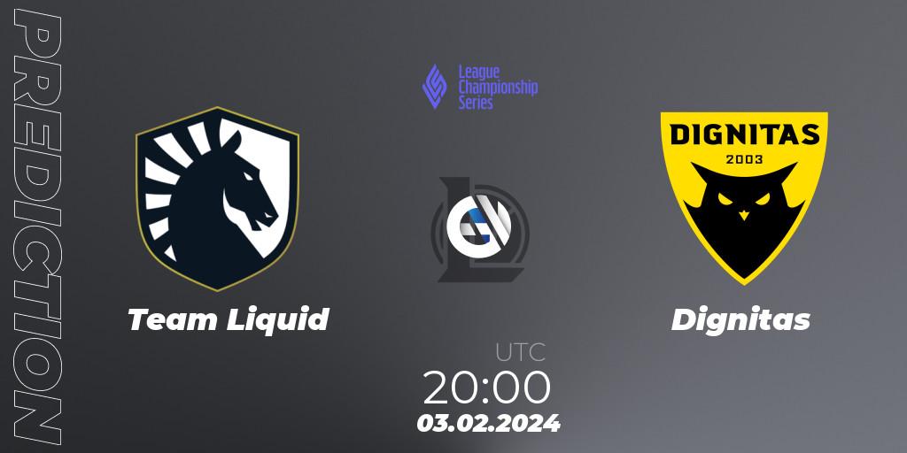 Team Liquid contre Dignitas : prédiction de match. 03.02.2024 at 21:00. LoL, LCS Spring 2024 - Group Stage