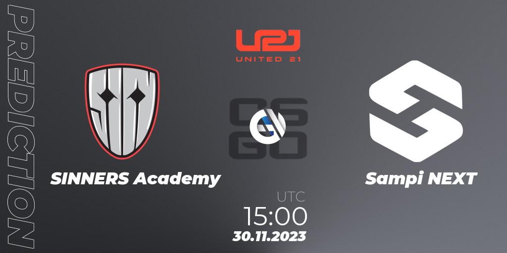 SINNERS Academy contre Sampi NEXT : prédiction de match. 30.11.2023 at 15:00. Counter-Strike (CS2), United21 Season 8: Division 2