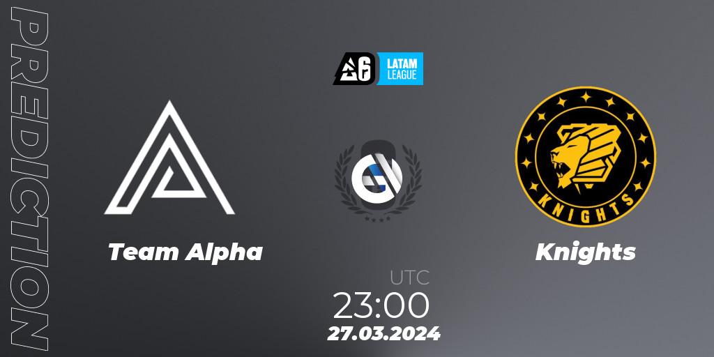 Team Alpha contre Knights : prédiction de match. 27.03.2024 at 23:00. Rainbow Six, LATAM League 2024 - Stage 1: LATAM South