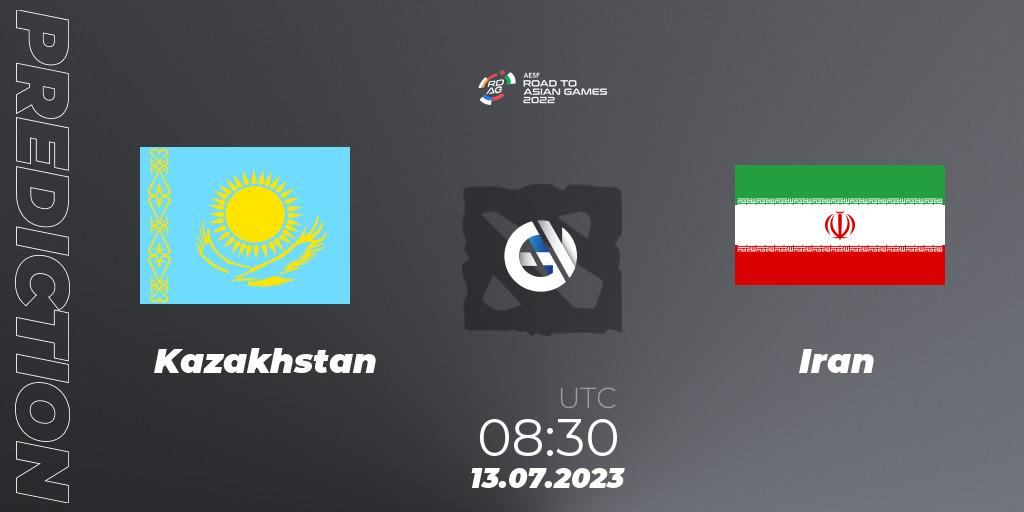 Kazakhstan contre Iran : prédiction de match. 13.07.2023 at 08:30. Dota 2, 2022 AESF Road to Asian Games - Central Asia