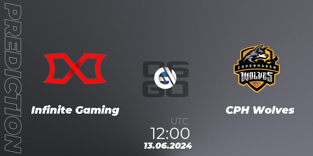 Infinite Gaming contre CPH Wolves : prédiction de match. 13.06.2024 at 12:00. Counter-Strike (CS2), CCT Season 2 European Series #6 Play-In