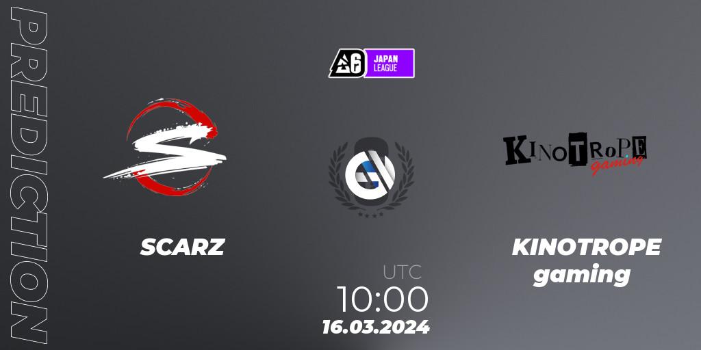 SCARZ contre KINOTROPE gaming : prédiction de match. 16.03.2024 at 10:00. Rainbow Six, Japan League 2024 - Stage 1