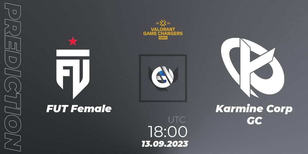 FUT Female contre Karmine Corp GC : prédiction de match. 13.09.2023 at 18:00. VALORANT, VCT 2023: Game Changers EMEA Stage 3 - Group Stage