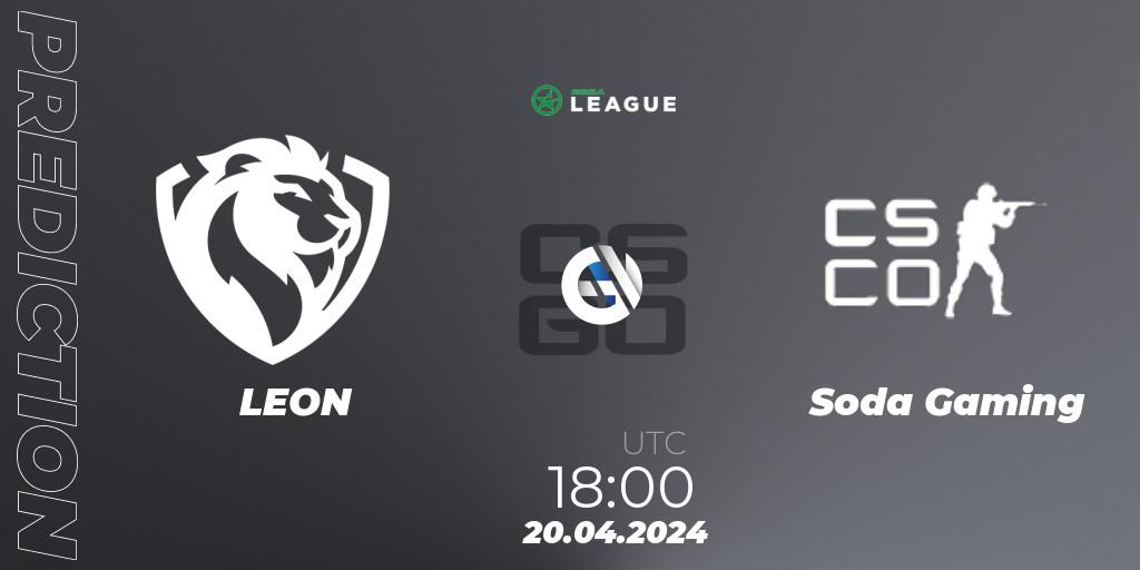 LEON contre Soda Gaming : prédiction de match. 26.04.2024 at 18:00. Counter-Strike (CS2), ESEA Season 49: Advanced Division - Europe