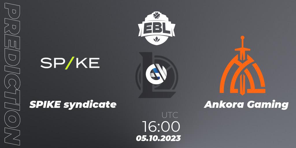 SPIKE syndicate contre Ankora Gaming : prédiction de match. 05.10.2023 at 16:00. LoL, Esports Balkan League Pro-Am 2023