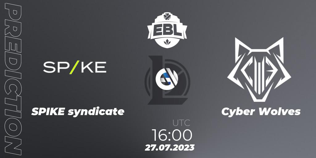 SPIKE syndicate contre Cyber Wolves : prédiction de match. 27.07.2023 at 16:00. LoL, Esports Balkan League Season 13