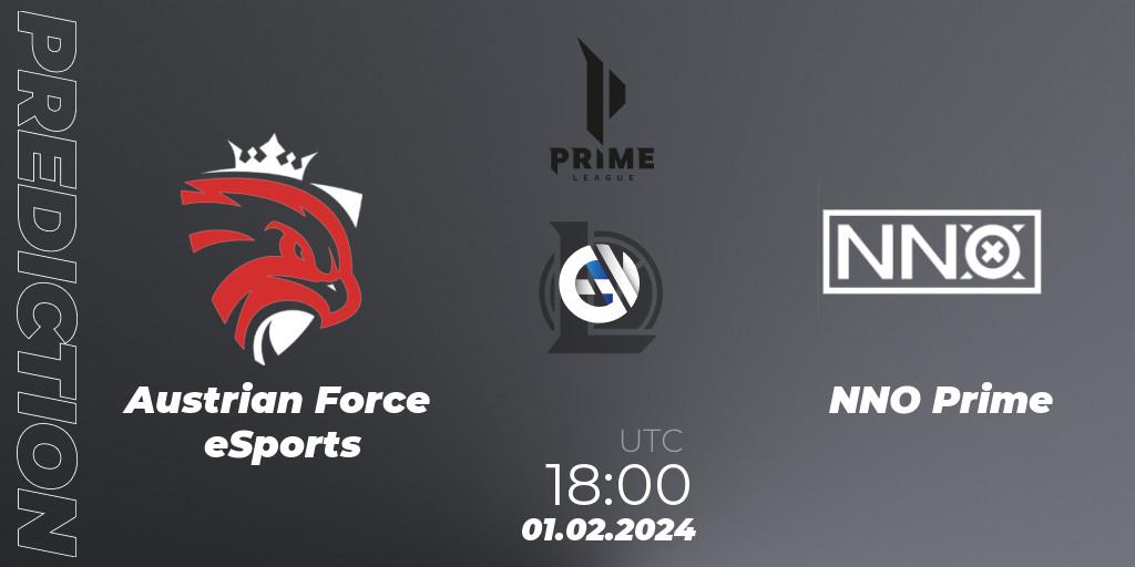 Austrian Force eSports contre NNO Prime : prédiction de match. 01.02.2024 at 21:00. LoL, Prime League Spring 2024 - Group Stage